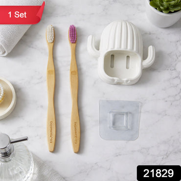 Wall mounted cactus style toothbrush holder with two bamboo toothbrushes