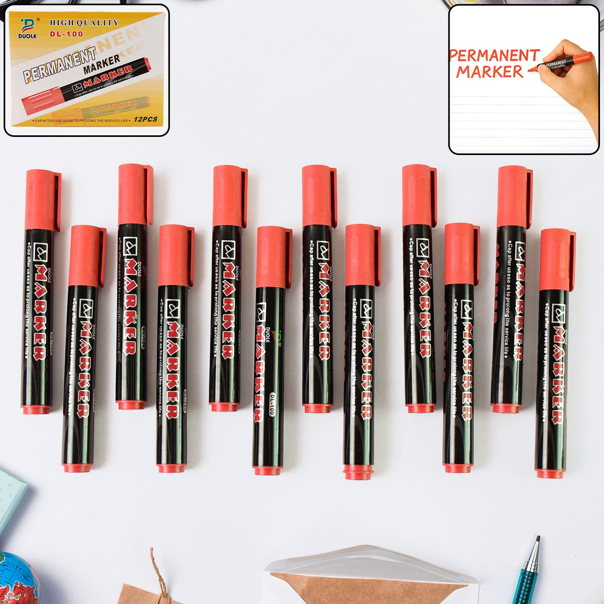 12-piece set of permanent red marker pens with vibrant waterproof ink