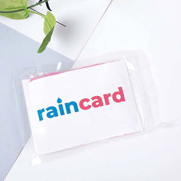 Emergency waterproof raincoat card unfolded to full size showing protection