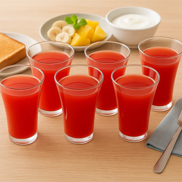 Close-up of a single 300ml plastic juicy glass with a panelled design.
