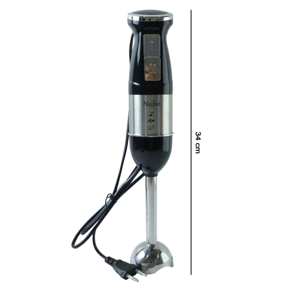 Portable hand blender with stainless steel body and 300W motor on table
