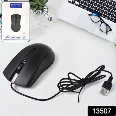 Close-up of the ergonomic Compshop X2 Wired Optical Mouse, highlighting its comfortable grip.