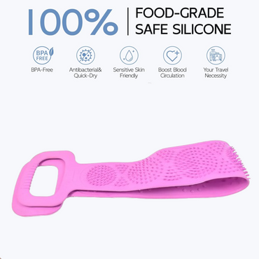 Double-sided silicone body wash belt for exfoliating skin.