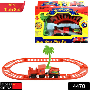 Overhead view of the World Express toy train set with locomotive and tracks.