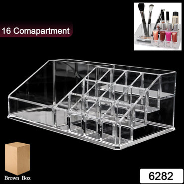 Close-up of clear acrylic compartments holding cosmetic products