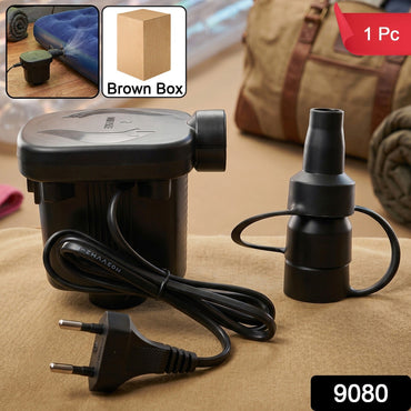 Compact portable electric air pump ready for inflating pool floats and air beds.