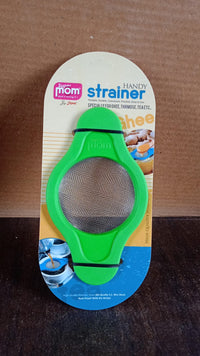 Full angled view of stainless steel mesh strainer with dual handles