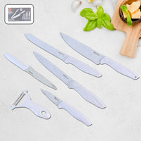 Marble coated kitchen knife set displaying sharp stainless steel blades