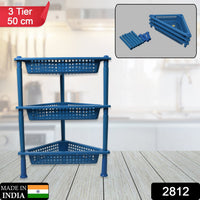 Close-up of the triangular design of the 3-tier plastic storage rack.