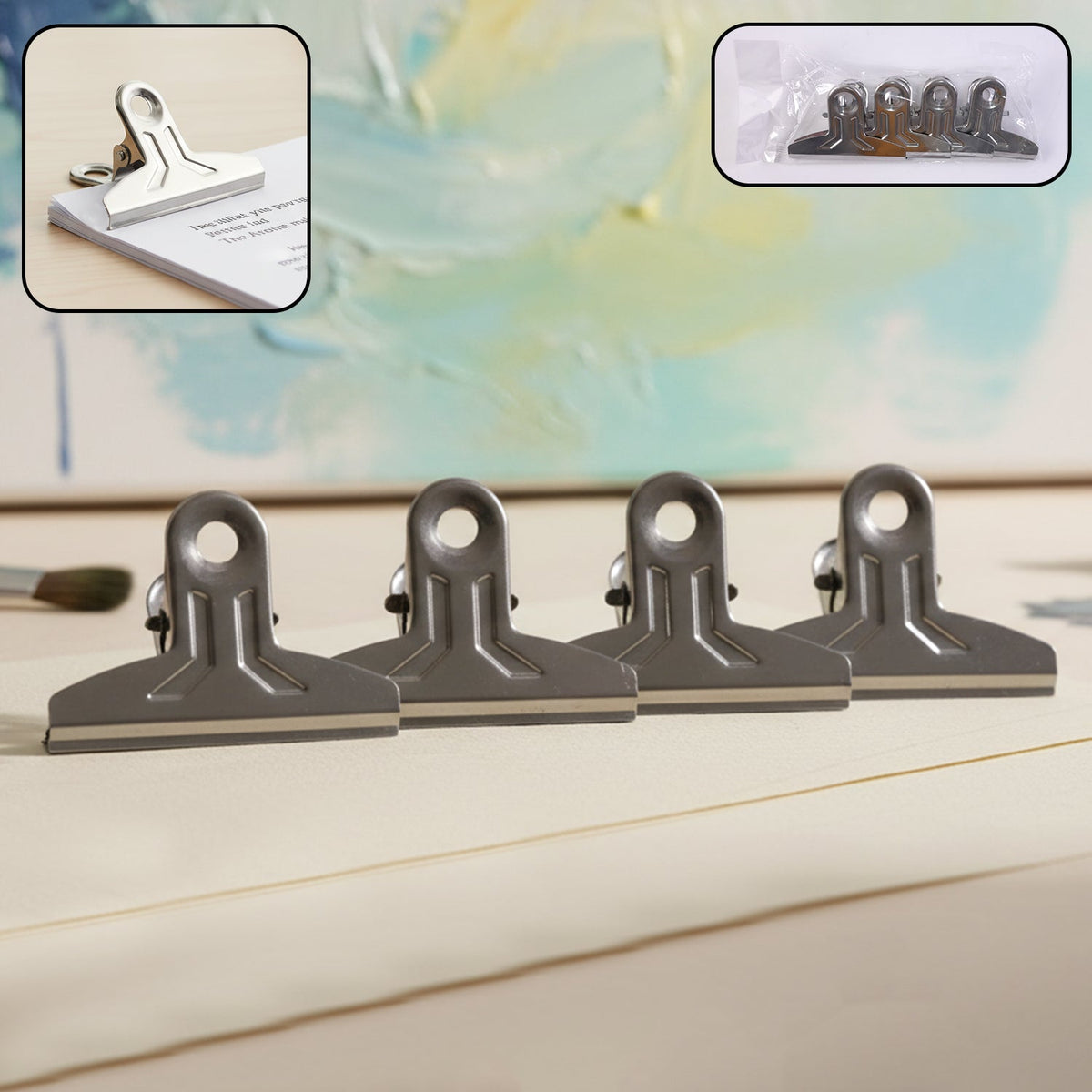 Heavy duty metal paper clamp clips holding documents tightly