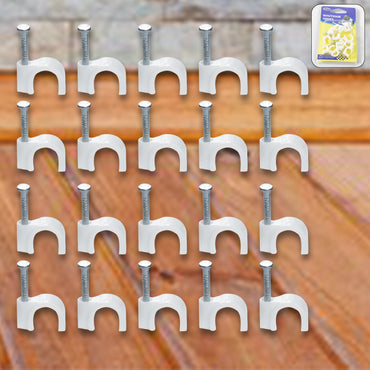Close-up of steel nail gripping a plastic cable clip for dependable wire holding