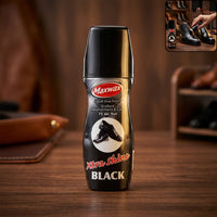 Maxwax black liquid shoe polish bottle with sponge applicator for easy use