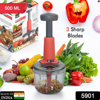 Ergonomic mini hand press chopper with a sleek matte finish and durable stainless steel blades.
