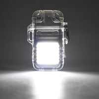 Portable electric lighter with 3-mode COB flashlight illuminating a dark area.