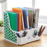 Side view of desk organizer stand holding files and books vertically.