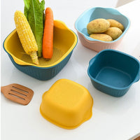Plastic washing bowl and strainer basket displayed on a kitchen counter.