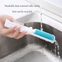 A hand demonstrates the reusable lint roller effectively cleaning fabric.