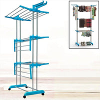 The stainless steel clothes drying stand folded compactly for easy storage.