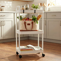 Storage organizer trolley showing three spacious open shelves
