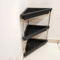Plastic corner rack ready for storage of fruits and toiletries