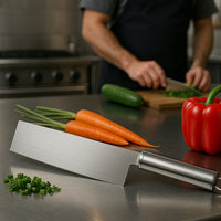 Vegetable cleaver knife displayed with measurement scale for size reference