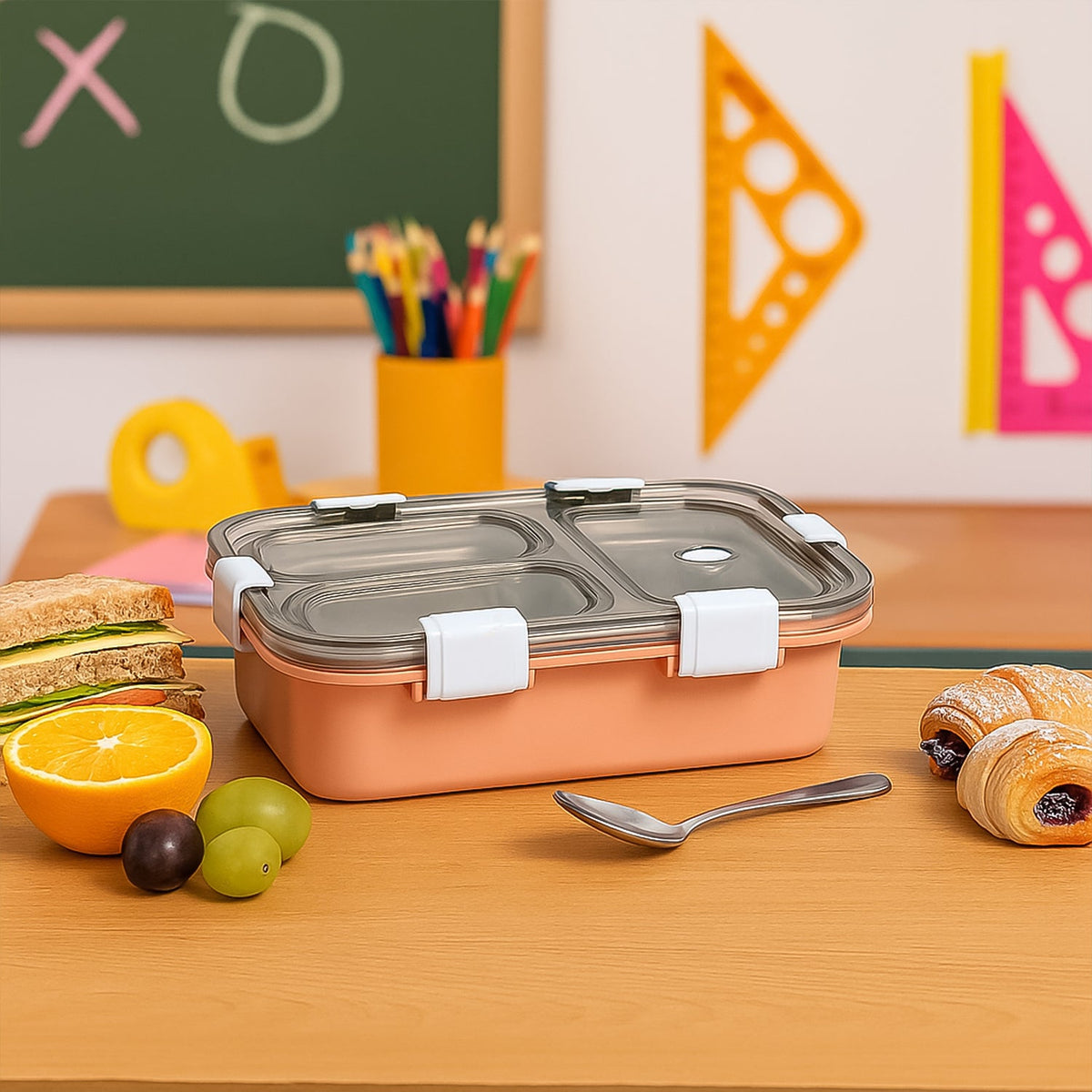 Top view of the 3-compartment lunch box, highlighting its sleek design and dividers.