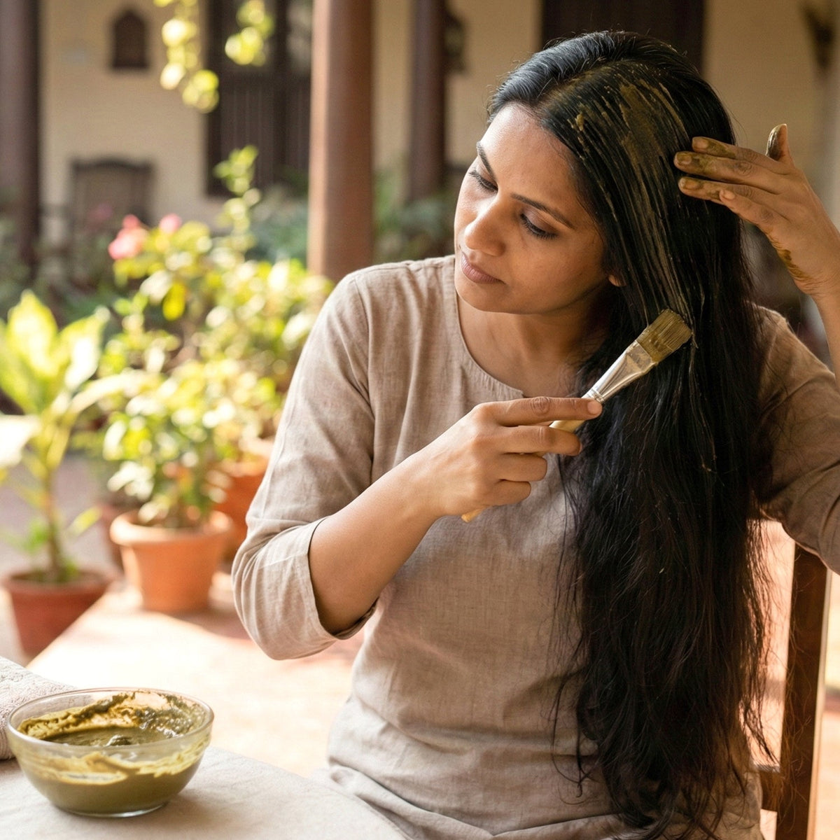 Closeup of herbal Brahmi powder used for hair care and scalp health