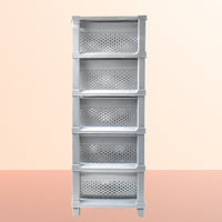 Organivo 5-tier plastic modular drawer storage unit with open drawers showing capacity.