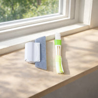 Multipurpose window and surface cleaning tool set featuring sponge and microfiber brush