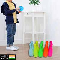 Detailed view of the durable plastic components of the educational toy for children bowling set.