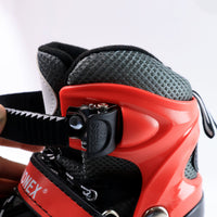 Top view of black and red adjustable quad roller skates for children