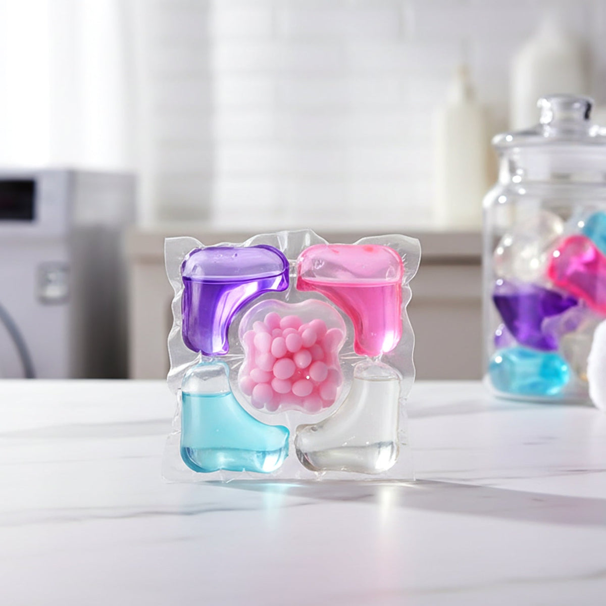 Hand holding a green laundry detergent pod ready for convenient use.
