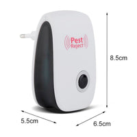 A white and black pest repeller is displayed with its dimensions: 8.5cm height, 5.5cm width, and 6.5cm depth.