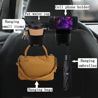 Side view of car organizer with phone holder feature attached to backseat headrest
