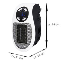 Energy-saving desktop heater plugged directly into a wall socket with its 360-degree rotating plug.