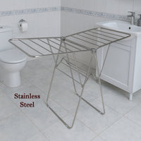 Stainless steel foldable cloth drying rack designed to hold large laundry loads securely