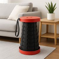 Close-up view of locking mechanism on telescopic folding stool