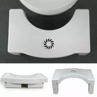 Toilet squat stool in use, highlighting its foldable design and helpful footprint guides.