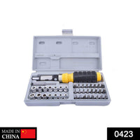 A comprehensive 41-piece socket and screwdriver tool kit laid out on a workbench, ready for use.