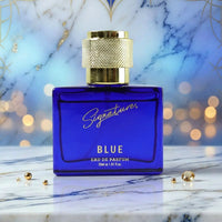 Signature premium blue scent perfume spray in stylish bottle