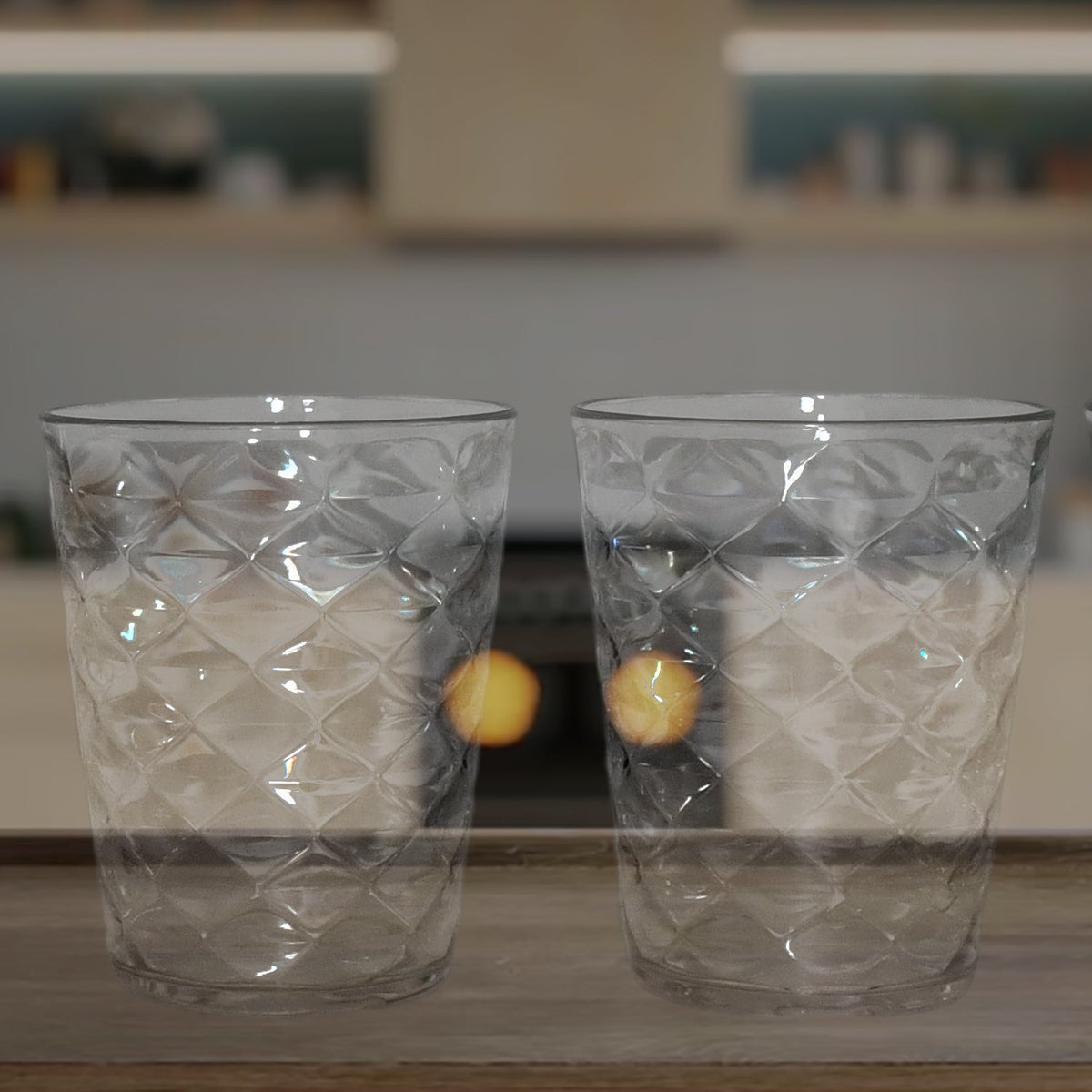 Side view of pyramid plastic glass showcasing wide stable base