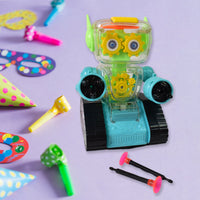 Transparent gear robot car with visible colorful moving gears and bright lights, designed for kids.