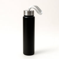 Lightweight stainless steel water bottle with attached strap for portability