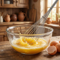 Close-up of manual stainless steel whisk with comfortable grip handle