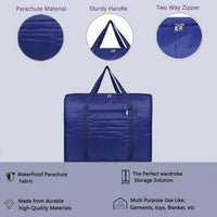 Blanket organizer storage bag featuring reinforced carrying handles