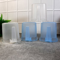 Stacked transparent water mugs, illustrating their space-saving design and mixed colour assortment.