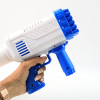 Durable bubble gun toy featuring 32 holes for maximum bubble output.