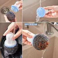 Pro Clean dish cleaning brush actively scrubbing a plate clean.