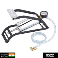 Heavy-duty steel foot pump with gauge for car and bike tires.