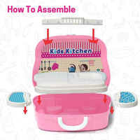 Girl enjoying pretend cooking with the 23-piece kids kitchen play set